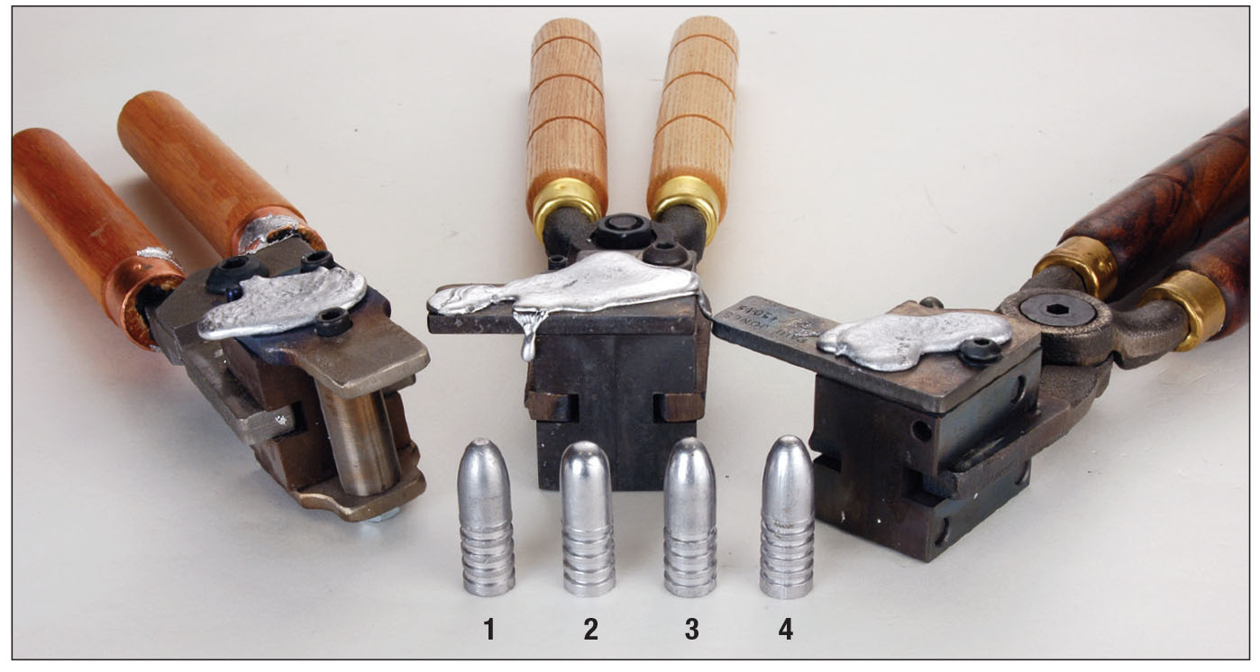 Mike’s preference for good .45-70 long-range target bullets are iron moulds of single cavity.  The moulds are (left to right): a Hoch mould, a Steve Brooks custom mould and a Redding/SAECO mould. The bullets are: (1) Redding/SAECO No. 745 (530-grain RN/FP), (2) Steve Brooks custom bullet (555-grain RN), (3) Hoch (545-grain Creedmoor) and (4) Brooks custom bullet (560-grain Creedmoor).